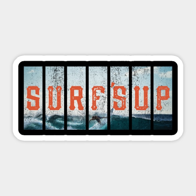 Hang 10 Surfs Up Beach Retro Distressed Surfing Sticker by lucidghost